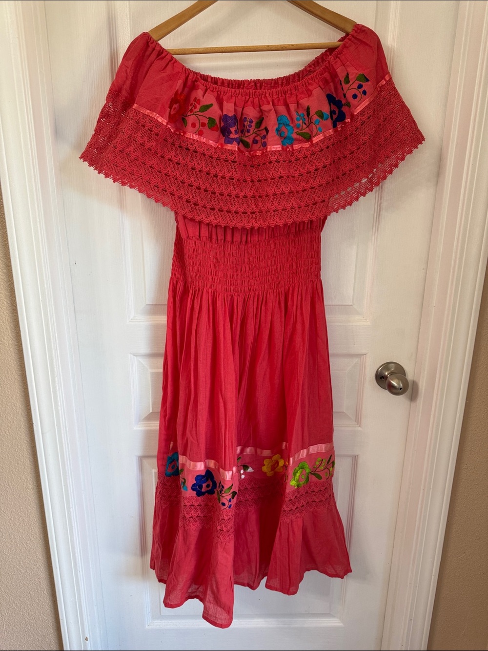 Mexican Coral Embroidered Off-Shoulder Dress - Picture 3 of 8